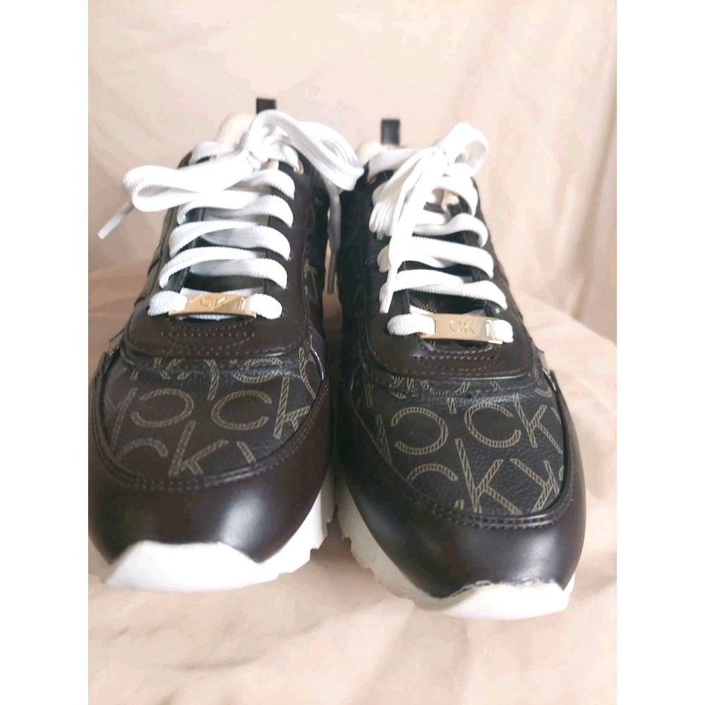 Woman's Sneaker Athletic Shoe Calvin Klein CK Monogram Carlla 9 Brown Gold